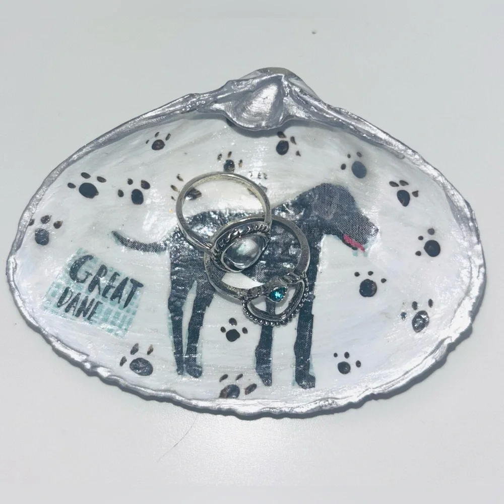 Handcrafted Clam Shell Ring Dish W/Great Dane Decoupage & Painted Design